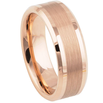 8mm Tungsten Ring with Rose Gold IP Plated Brushed Center and Beveled Edge