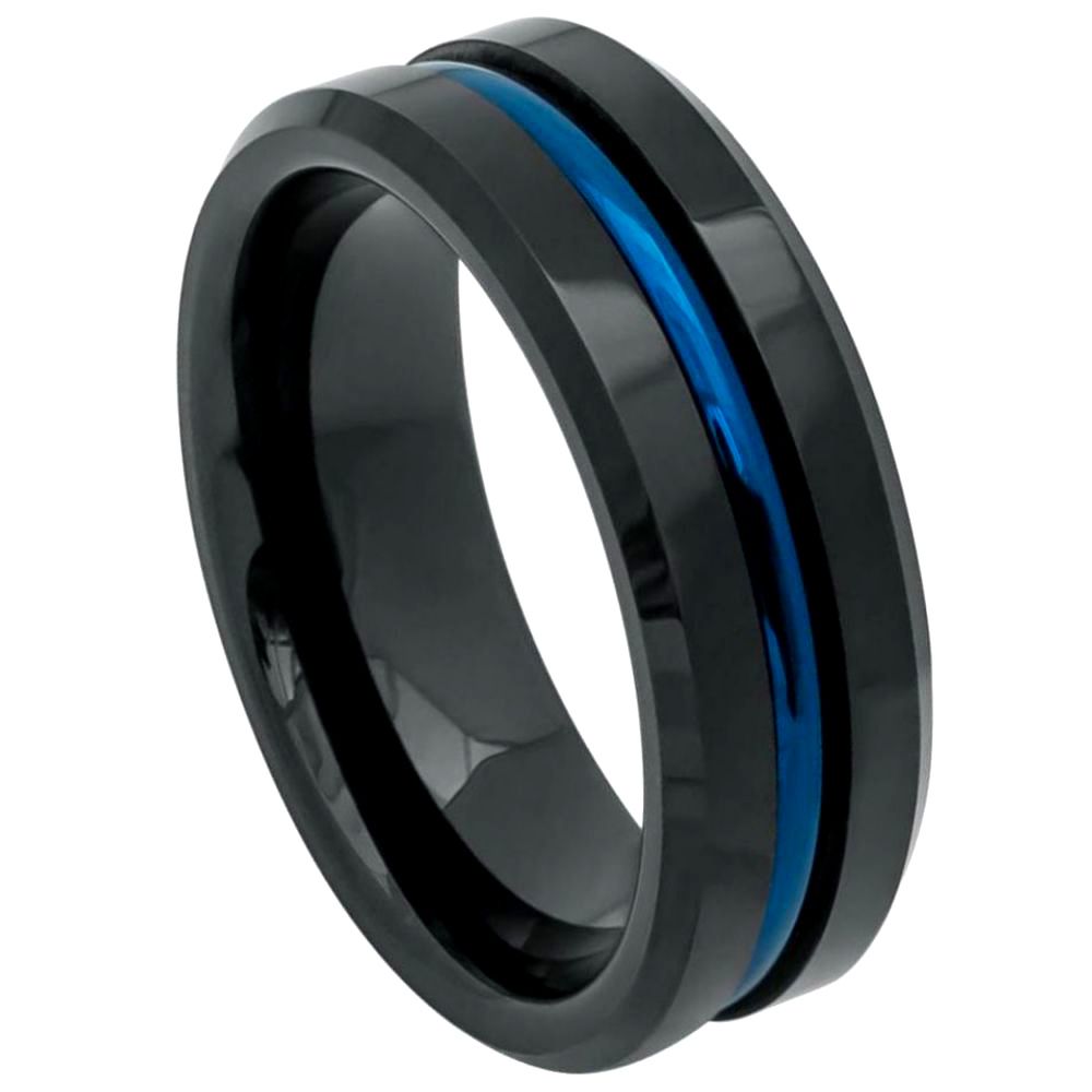 8mm Tungsten Ring – High Polished Beveled Edge, Black IP Plated with Blue Grooved Center