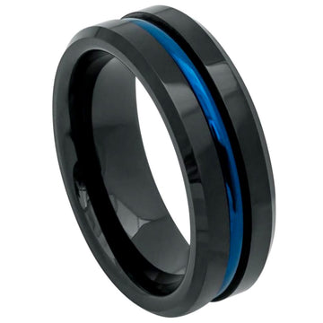 8mm Tungsten Ring – High Polished Beveled Edge, Black IP Plated with Blue Grooved Center