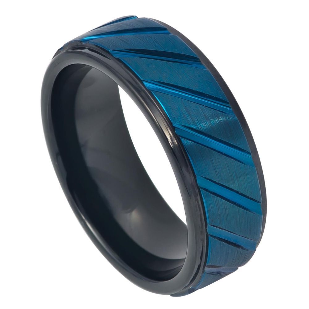 8mm Tungsten Ring with Blue IP Plated Diagonally Grooved Finish and Black IP Inner Ring