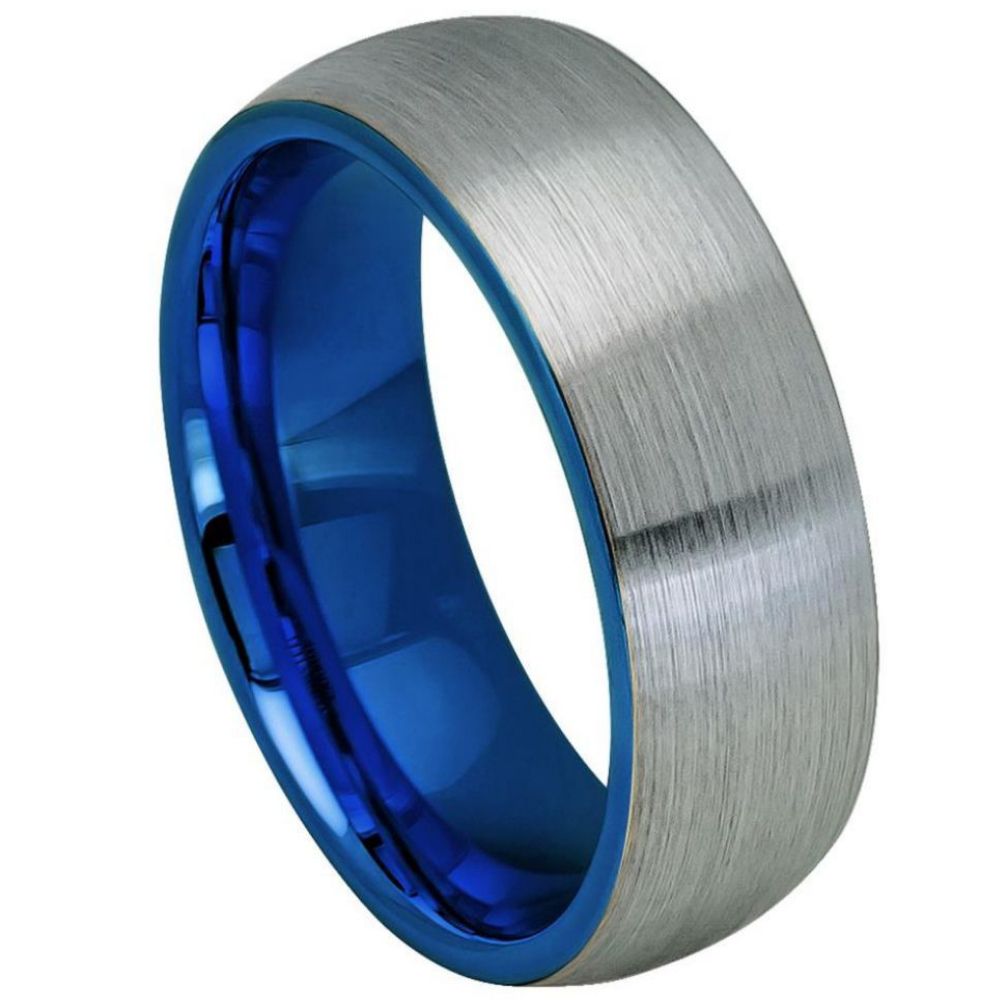8mm Domed Tungsten Ring with Blue IP Plated Band and Gun Metal Brushed Center
