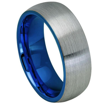 8mm Domed Tungsten Ring with Blue IP Plated Band and Gun Metal Brushed Center