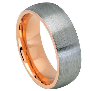 8mm Domed Tungsten Ring with Rose Gold IP Plated Inside and Gun Metal Brushed Center