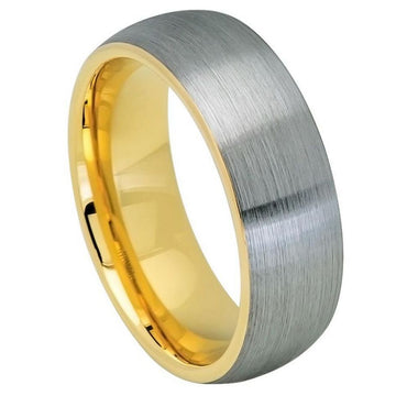 8mm Domed Tungsten Ring with Yellow Gold IP Plated Inside and Gun Metal Brushed Center