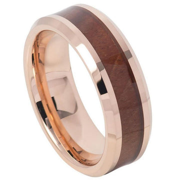 8mm Tungsten Ring with Rose Gold IP Plating and Koa Wood Inlay