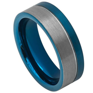 8mm Tungsten Ring Off-Center Grooved Blue IP Plated Brushed Pipe Cut Ring
