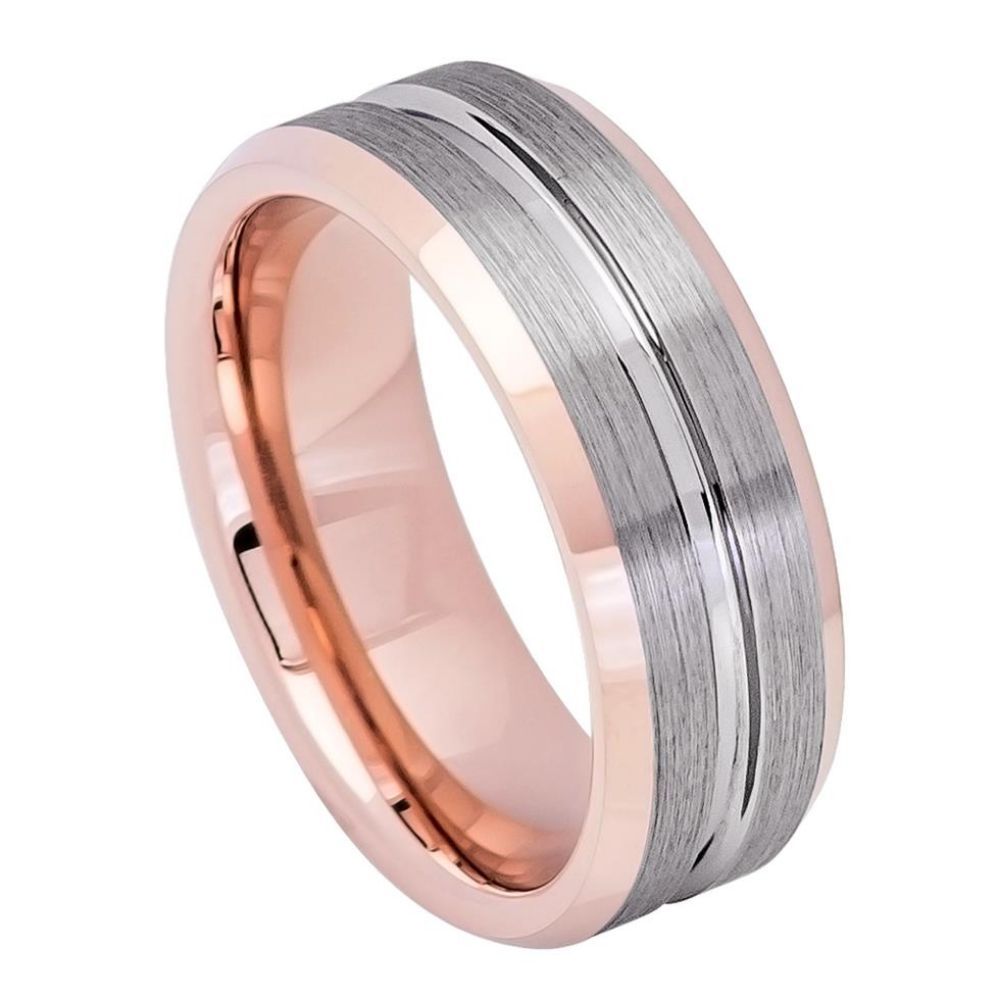 8mm Tungsten Ring with Rose Gold IP Plating and Gun Metal Grooved Brushed Center