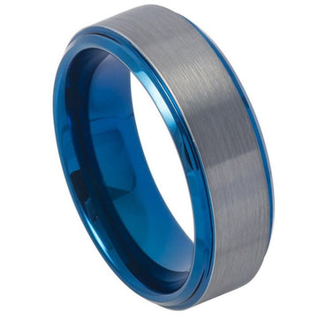 8mm Tungsten Ring Blue IP Plated Beveled Edge Gun Metal Brushed Finish