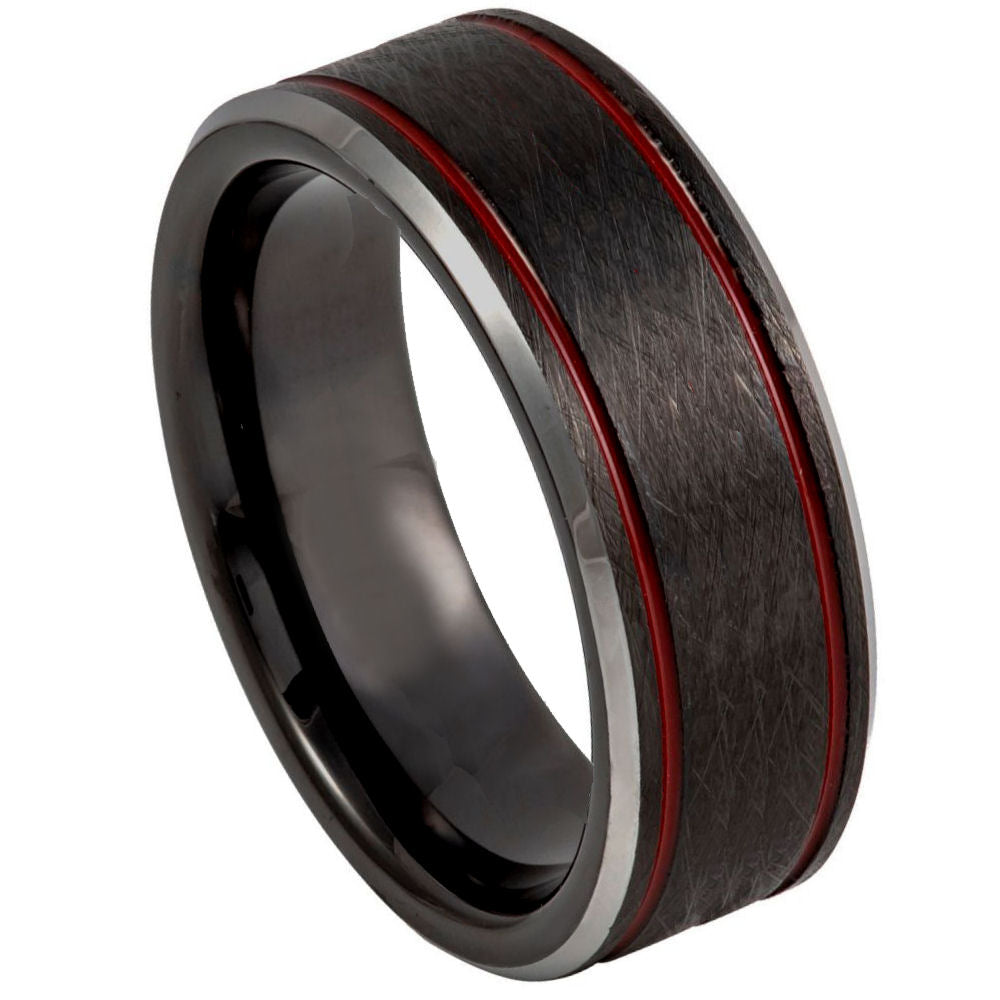 8mm Charcoal Gray Tungsten Ring with Red Stripes and Beveled Edge