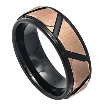 8mm Tungsten Ring with Rose Gold IP, Black Gold IP & Brushed Trapezoid Center