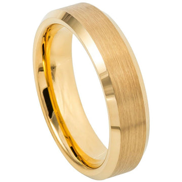 6mm Tungsten Ring – Brush Polished Yellow Gold IP Plated Center with Shiny Beveled Edge
