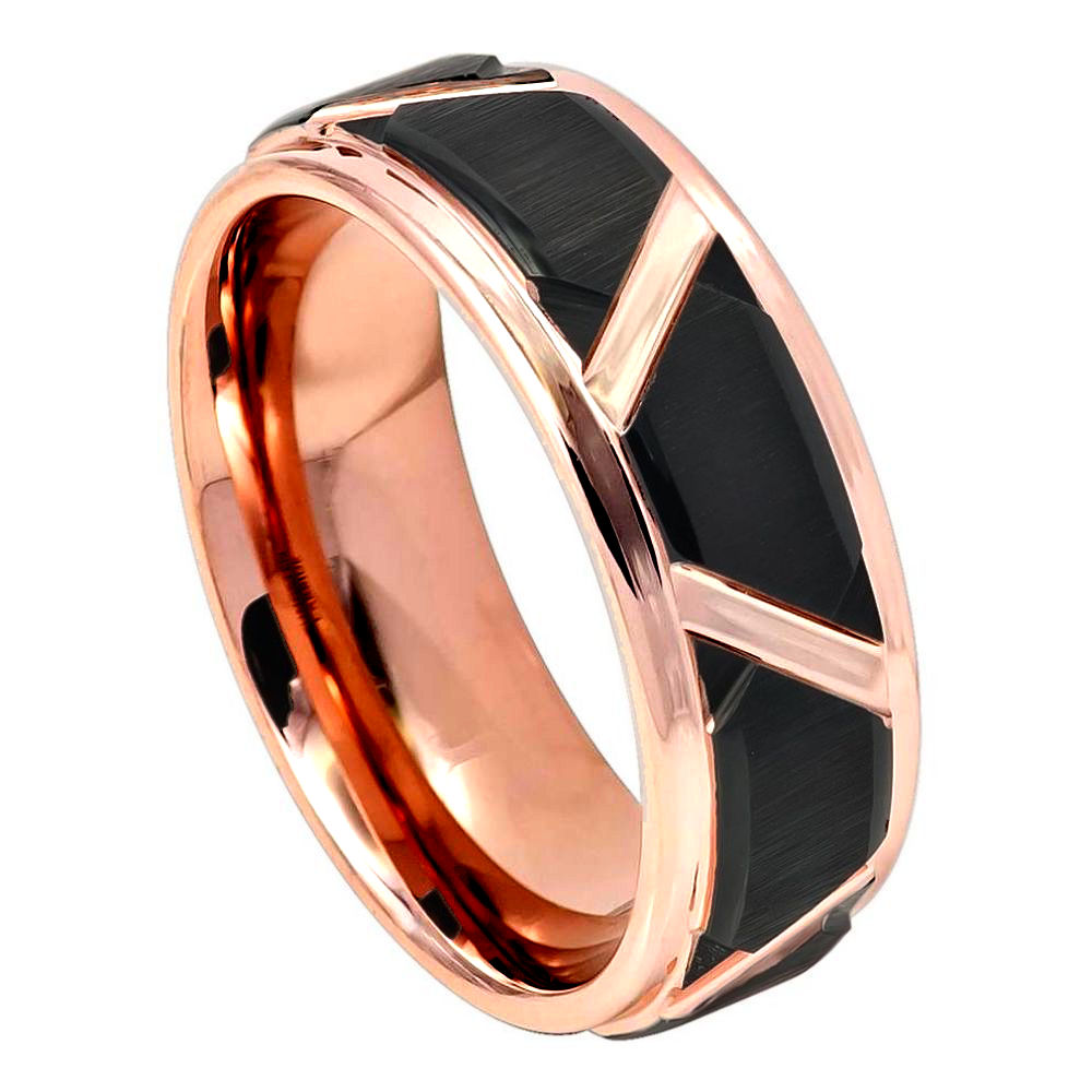 8mm Tungsten Ring with Black IP Plated Brushed Trapezoid, Rose Gold IP Grooves & Stepped Edge