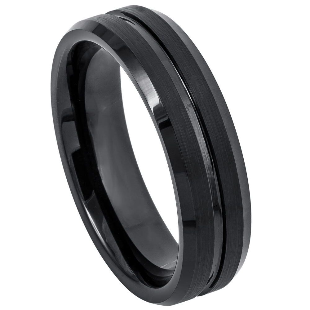 6mm Black IP Plated Tungsten Ring with Grooved Center, Brushed Finish & Beveled Edge