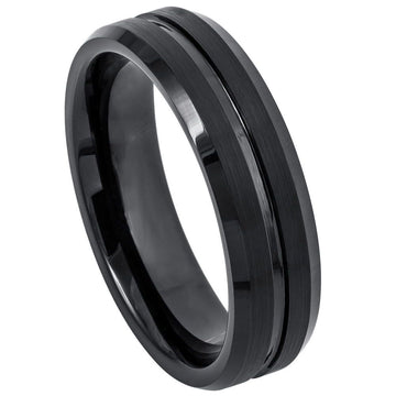 6mm Black IP Plated Tungsten Ring with Grooved Center, Brushed Finish & Beveled Edge