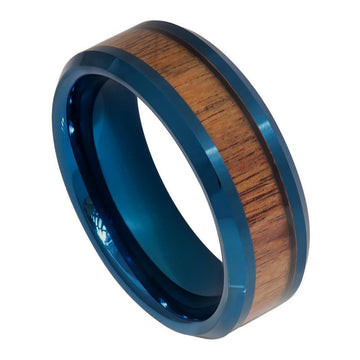8mm Tungsten Ring with Blue IP Plated Inner Ring and Hawaiian Koa Wood Inlay, Beveled Edge