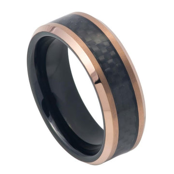 8mm Tungsten Ring Two-Tone Black IP with Rose Gold IP Finish and Black Carbon Fiber Inlay