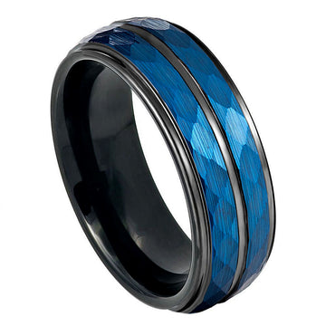 8mm Two-Tone Tungsten Ring with Blue & Black IP Plated Hammered Finish and Stepped Beveled Edge