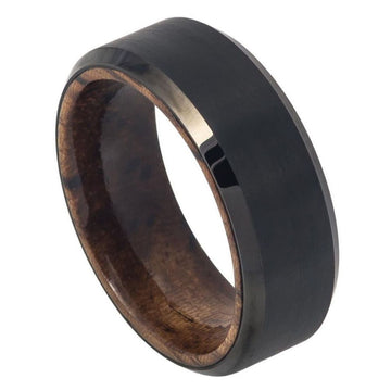8mm Tungsten Ring with Black IP Plated Brushed Finish, Beveled Edge and African Sapele Mahogany Wood Sleeve