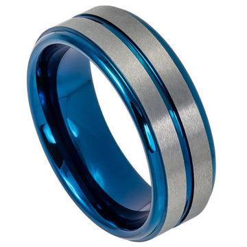 8mm Tungsten Two-Tone Blue IP Plated Ring with Grooved Brushed Finish