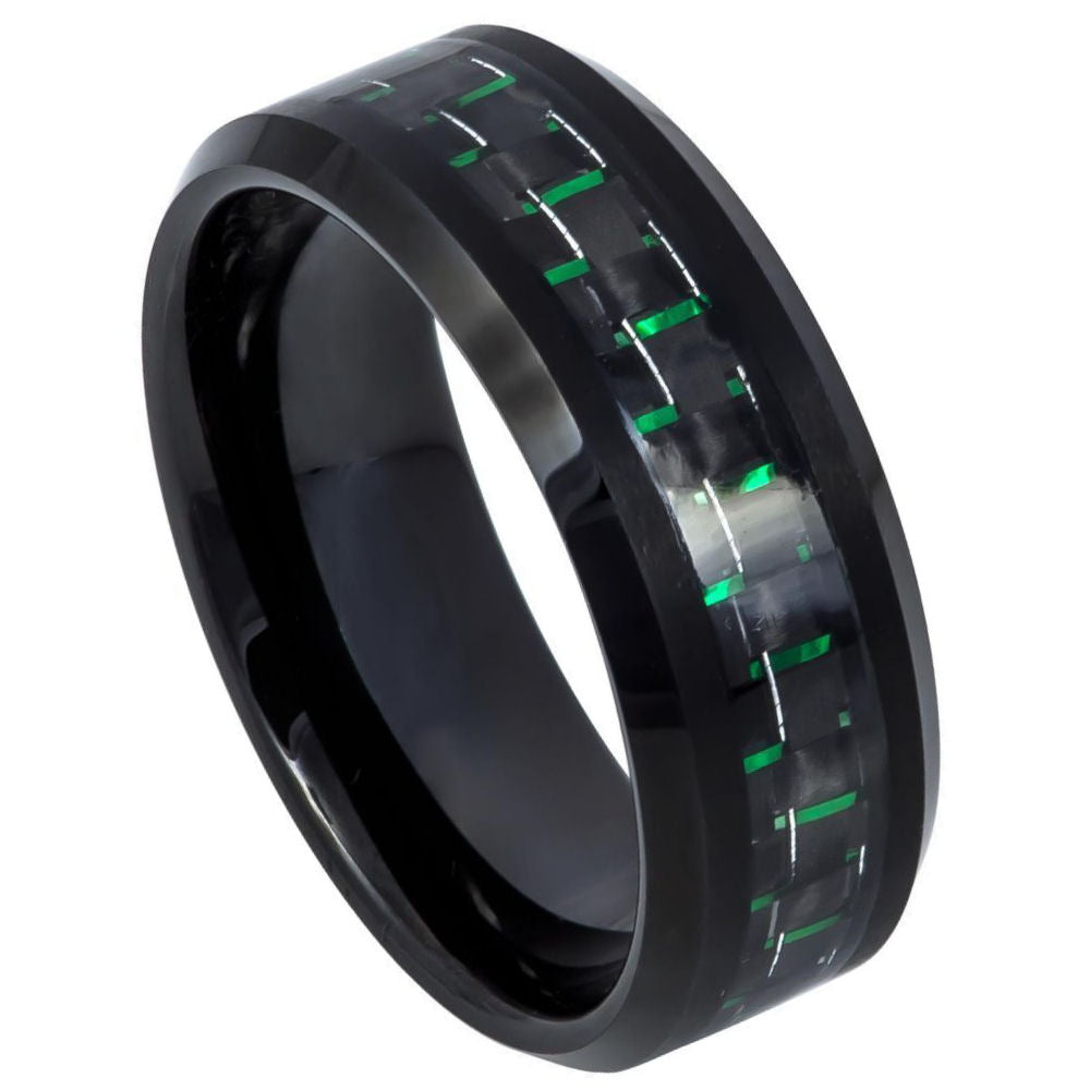 8mm Tungsten Ring with Beveled Edge, Black IP Plating and Green & Black Carbon Fiber Inlay
