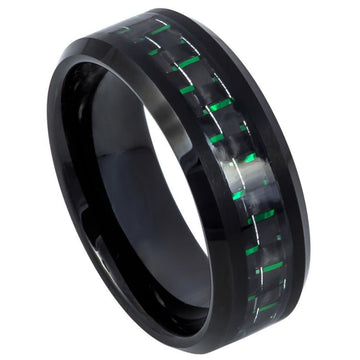 8mm Tungsten Ring with Beveled Edge, Black IP Plating and Green & Black Carbon Fiber Inlay