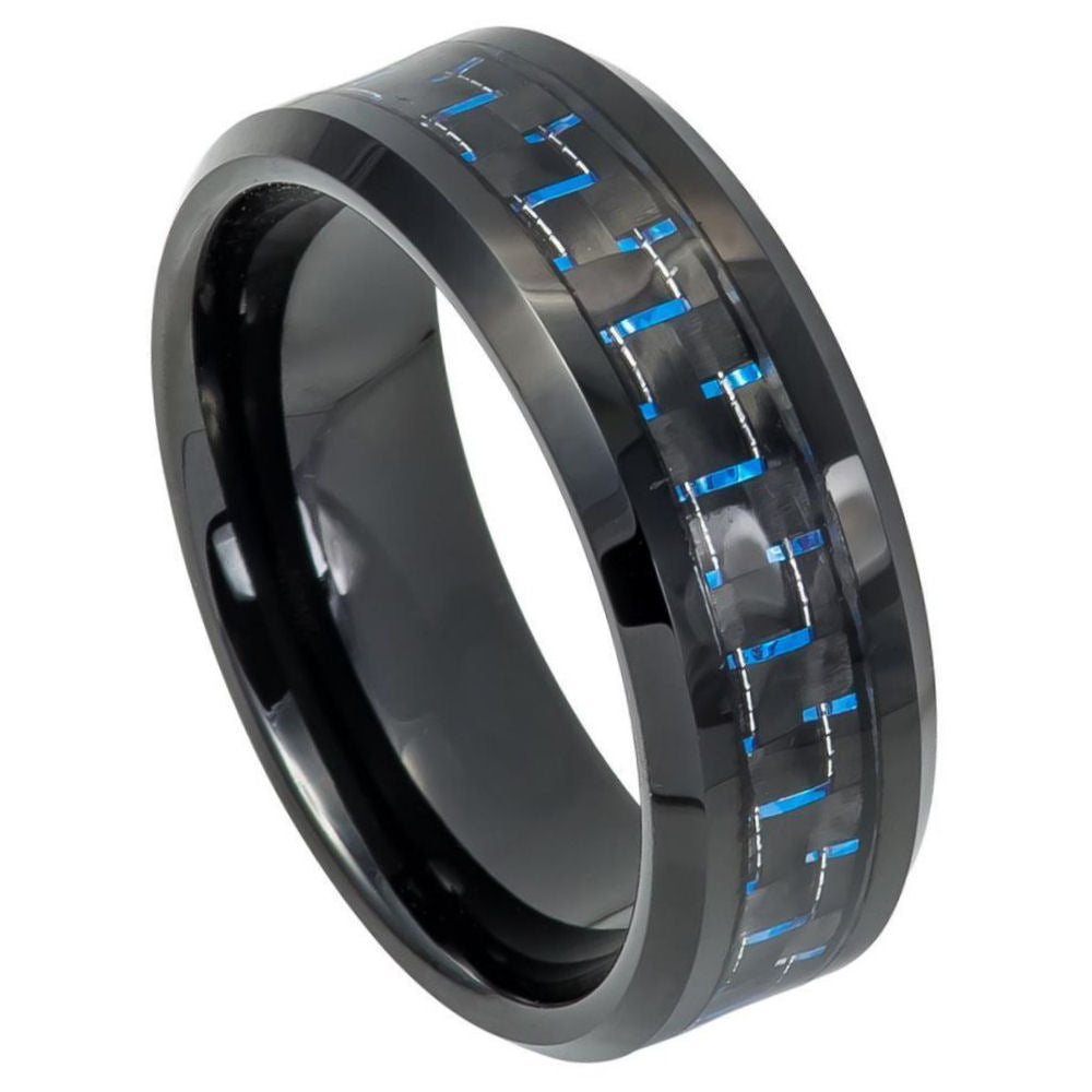 8mm Tungsten Beveled Edge Ring with Black IP Plating and Blue & Black Carbon Fiber Inlay