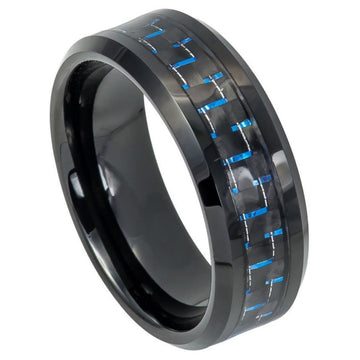 8mm Tungsten Beveled Edge Ring with Black IP Plating and Blue & Black Carbon Fiber Inlay