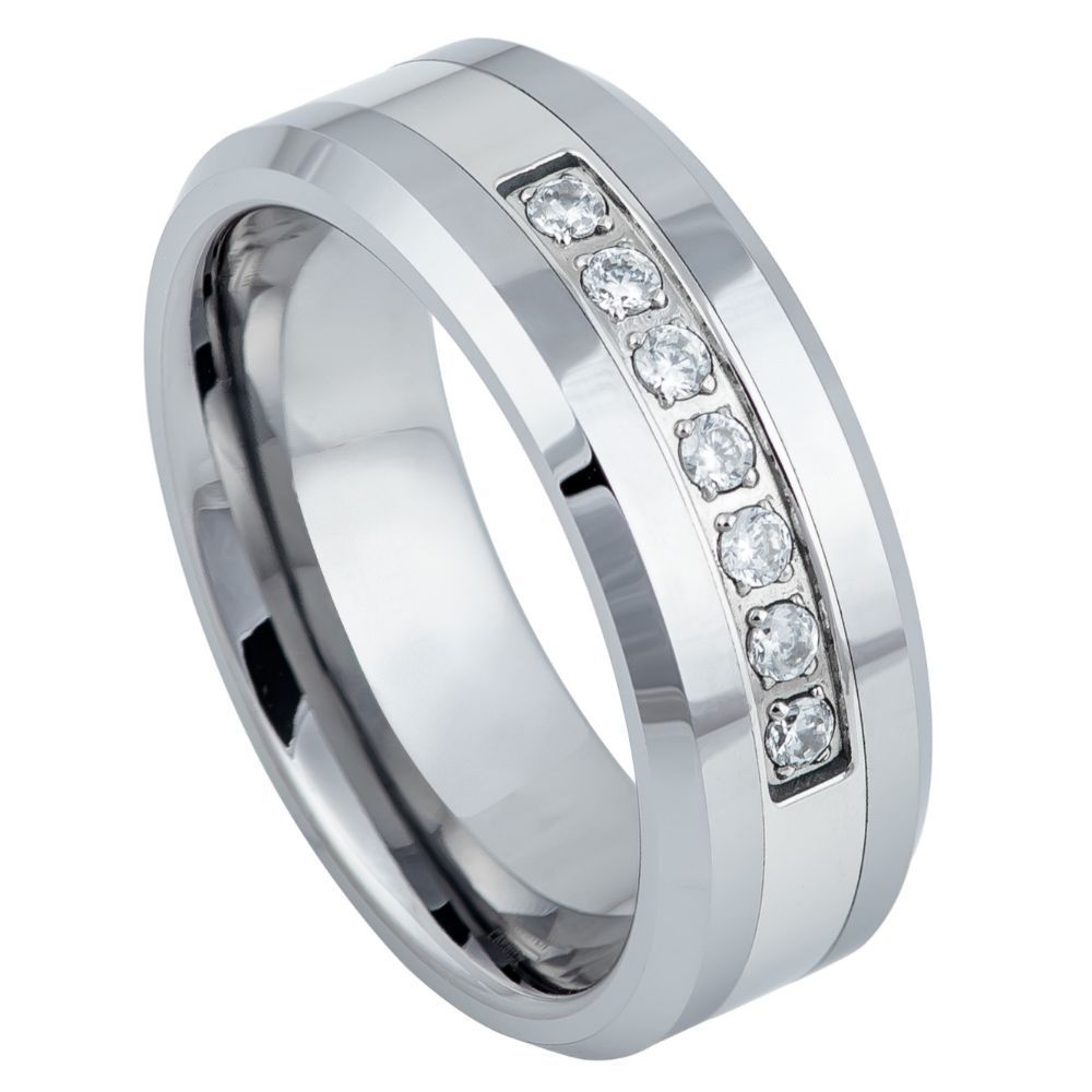 8mm High Polished Tungsten Ring with Beveled Edge and Prong-Set 7 Round CZ Stones