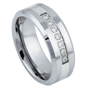 8mm High Polished Tungsten Ring with Beveled Edge and Prong-Set 7 Round CZ Stones