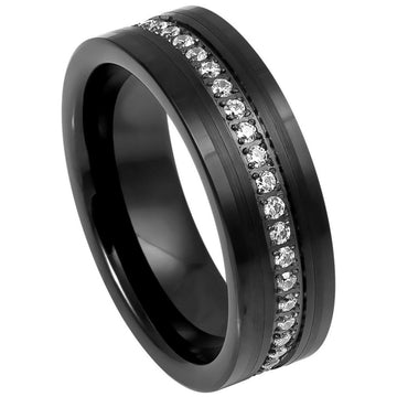 8mm Tungsten Eternity Band with Prong-Set Round White CZs, Black IP Plated Brush Finish and Low Stepped Edge