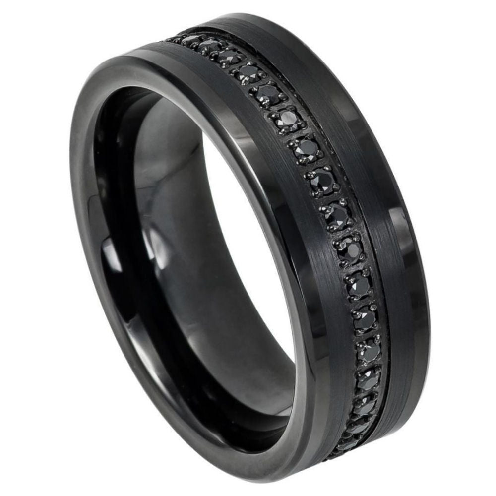 8mm Tungsten Ring Prong-Set Round Black CZ Eternity Band – Black IP Plated, Brushed Finish, Low Stepped Edge