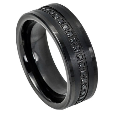 8mm Tungsten Ring Prong-Set Round Black CZ Eternity Band – Black IP Plated, Brushed Finish, Low Stepped Edge