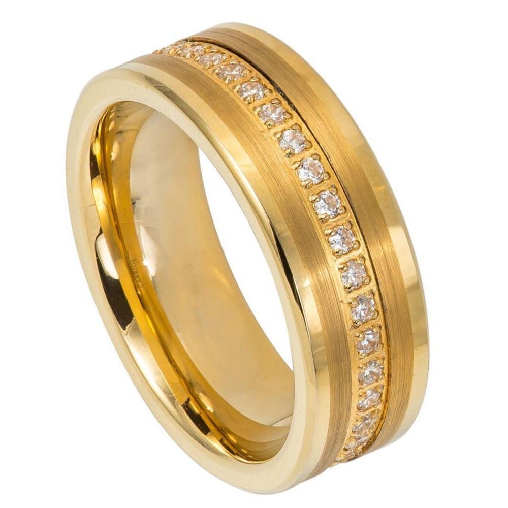8mm Tungsten Prong-Set Round CZ Eternity Band, Yellow Gold IP Plated, Brushed Finish with Low Stepped Edge