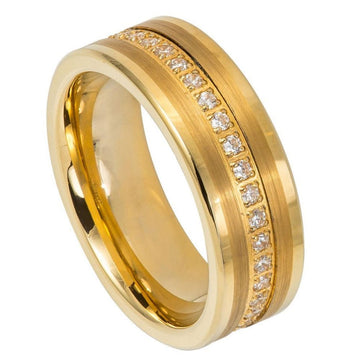 8mm Tungsten Prong-Set Round CZ Eternity Band, Yellow Gold IP Plated, Brushed Finish with Low Stepped Edge