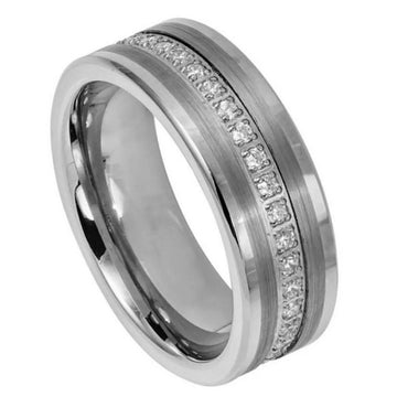8mm Tungsten Pipe-Cut Brushed Center Ring with Prong-Set Round-Cut Cubic Zirconia Eternity