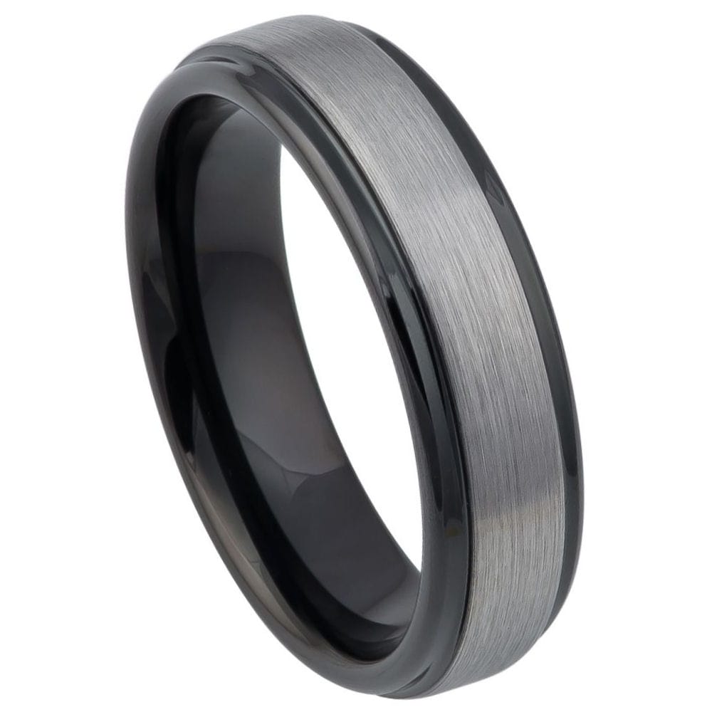 6mm Two-Tone Tungsten Ring with Black IP Gun Metal Brushed Center and Stepped Edge