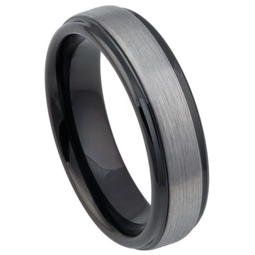 6mm Two-Tone Tungsten Ring with Black IP Gun Metal Brushed Center and Stepped Edge