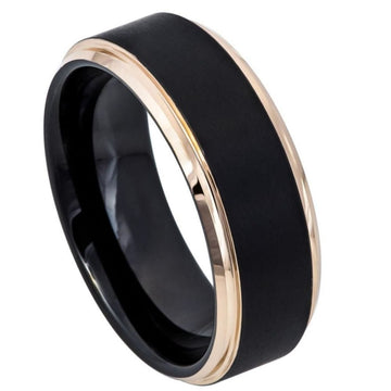 8mm Two-Tone Tungsten Ring with Black IP and Rose Gold IP Brushed Center, Stepped Edge