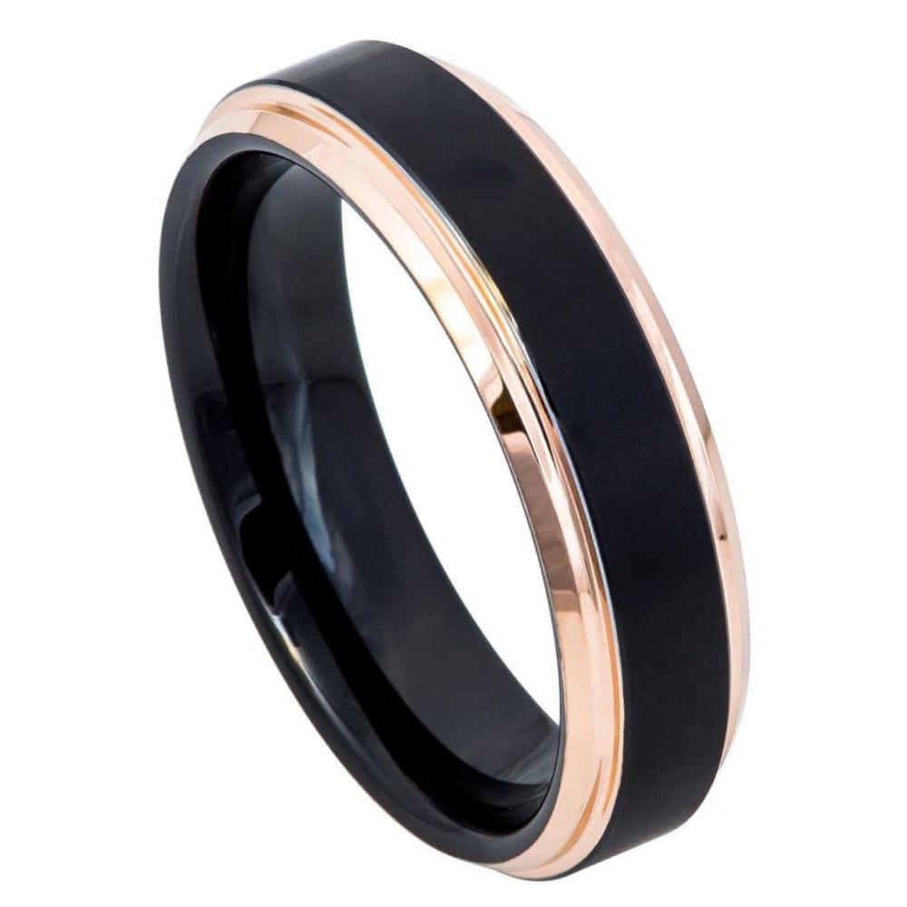 6mm Two-Tone Tungsten Ring with Black IP and Rose Gold IP Brushed Center Stepped Edge