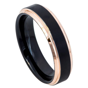 6mm Two-Tone Tungsten Ring with Black IP and Rose Gold IP Brushed Center Stepped Edge