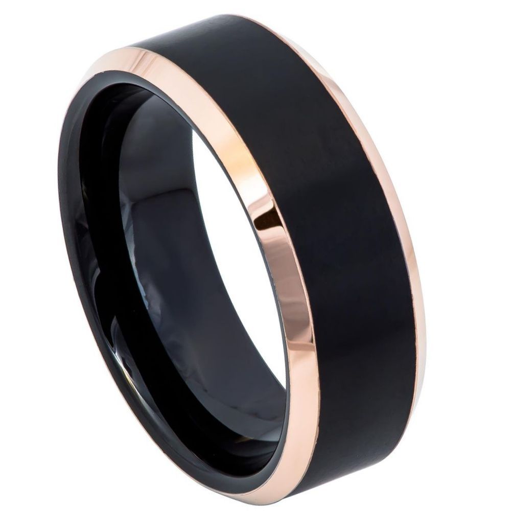 8mm Tungsten Two-Tone Black IP & Rose Gold IP Brushed Beveled Edge Ring