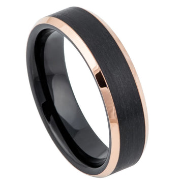 Tungsten Ring Two-Tone Black IP Rose Gold IP Brushed Center Beveled Edge 6mm