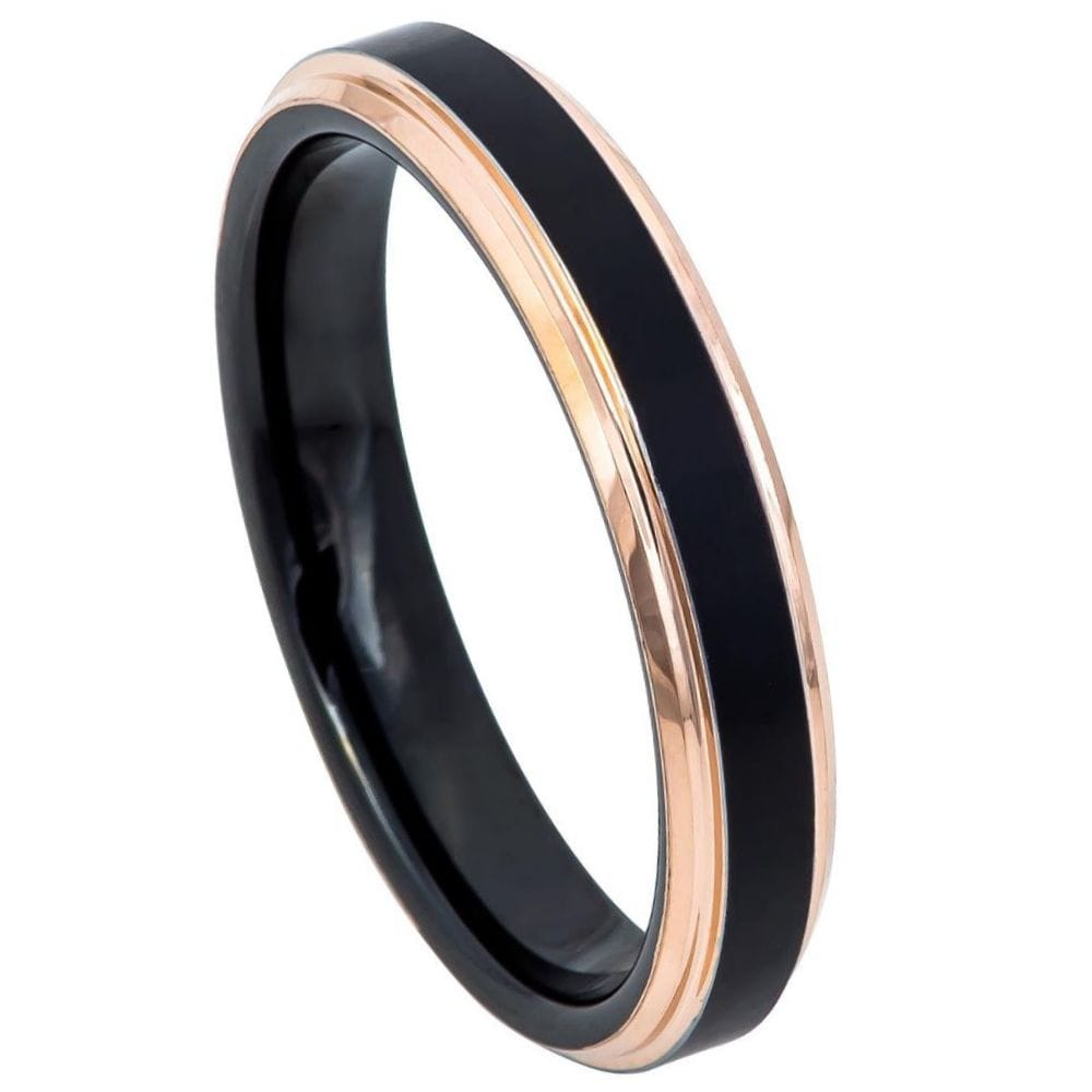 Tungsten Two-Tone Black IP Rose Gold IP Brushed Center Stepped Edge Ring - 4mm