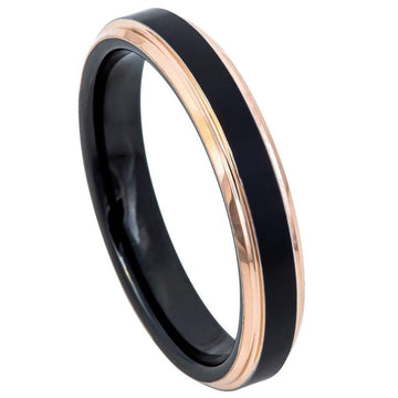 Tungsten Two-Tone Black IP Rose Gold IP Brushed Center Stepped Edge Ring - 4mm