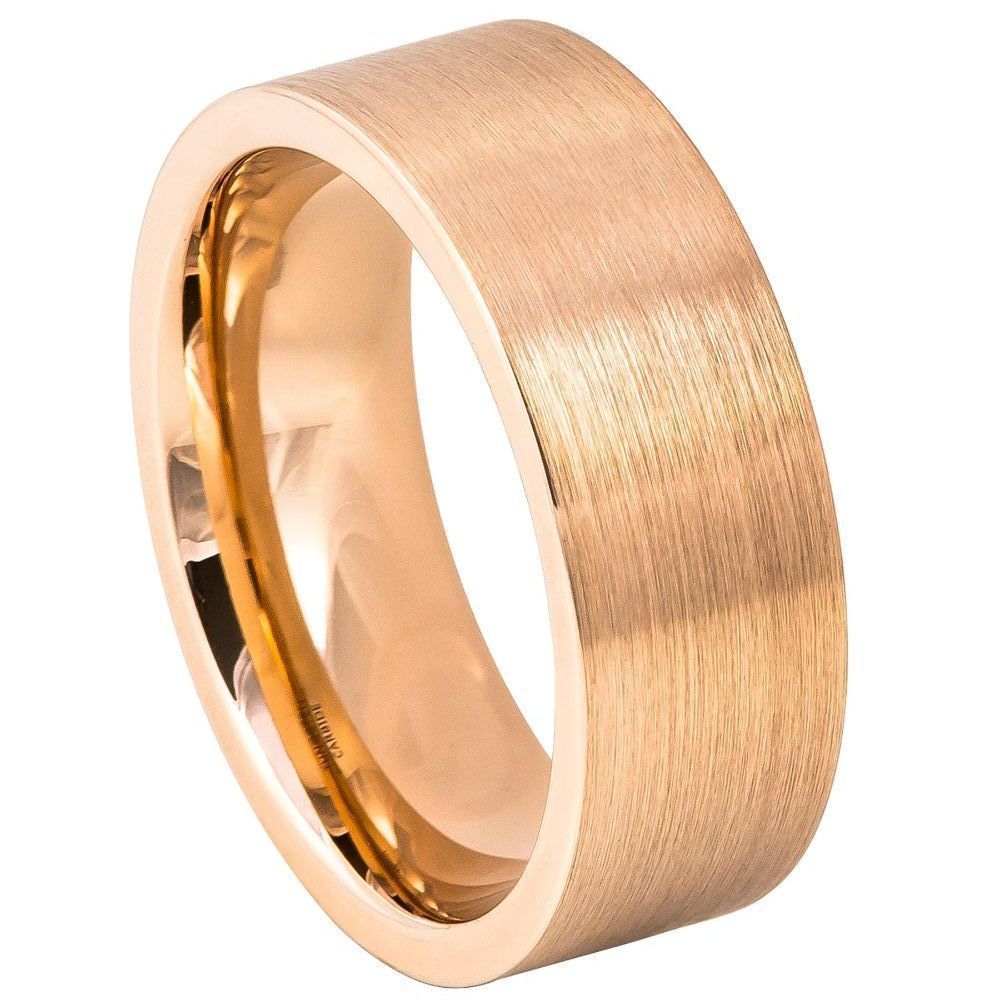 8mm Tungsten Ring with Rose Gold IP Plated Brushed Pipe Cut Band