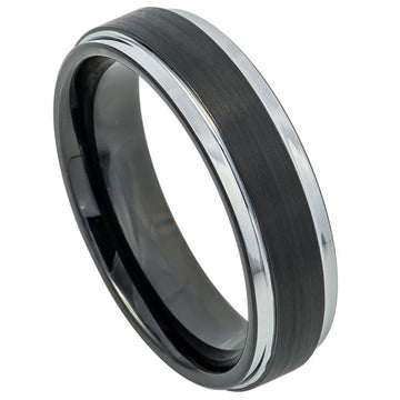 Tungsten Two-Tone Black IP Brushed Center Ring with Steel Color Stepped Edge, 6mm