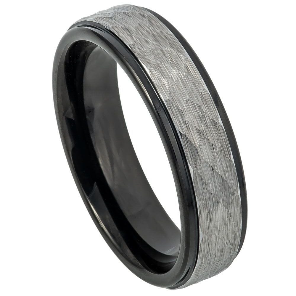 6mm Two-Tone Tungsten Ring with Hammered Gun Metal Finish and Black IP Inner Band