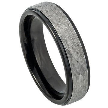 6mm Two-Tone Tungsten Ring with Hammered Gun Metal Finish and Black IP Inner Band
