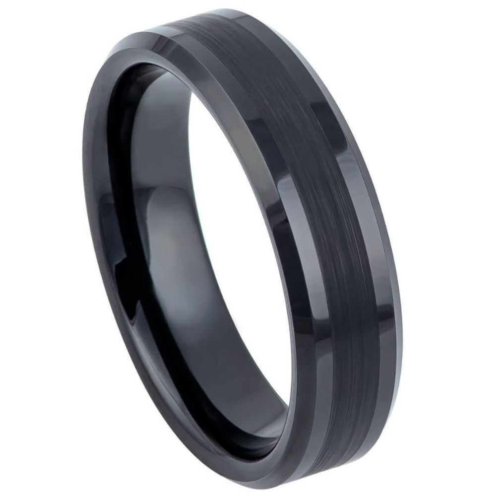 6mm Black IP Plated Tungsten Ring with Brushed Center and Shiny Beveled Edges