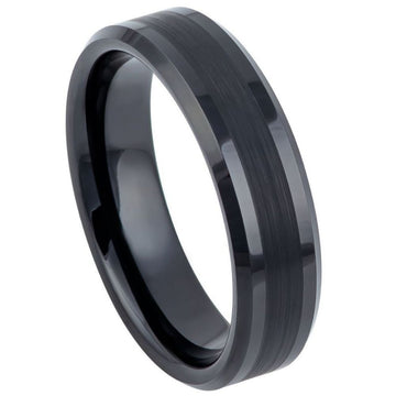 6mm Black IP Plated Tungsten Ring with Brushed Center and Shiny Beveled Edges
